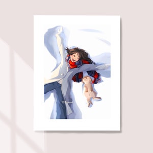 Ah Snow! - Art Print - Snow Angel - Winter Art - Animal Art - Cute Dog - Snowfield - Happy Moment - Peijin