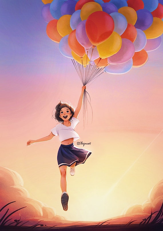 Forward - Art Print - Motivative Art - Cute Girl Drawing - Beautiful Sunset  - Ballons - Inspiring Art - Peijin