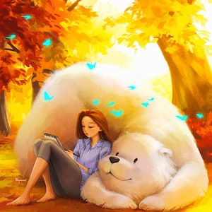 It’s so beautiful here - Art Print - Bunte Natur - Wunderland - Flauschiger Bär - Tierkunst - Warme Landschaft - Peijin