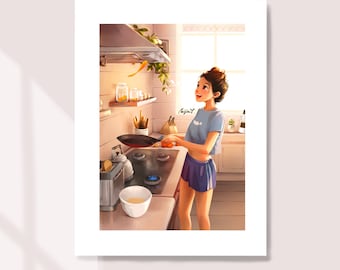 Funny kitchen art print, Girl searching something to eat in the fridge,  Don't care about diet, Kitchen decor Art Print by Kristinity Art