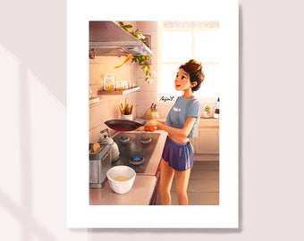 Funny kitchen art print, Girl searching something to eat in the fridge,  Don't care about diet, Kitchen decor Art Print by Kristinity Art