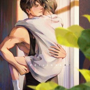 May include: Digital illustration of two figures embracing. One figure is holding the other, who is wearing a white shirt. The illustration has a warm color palette with soft lighting and the text "PEIJINSART" is visible.