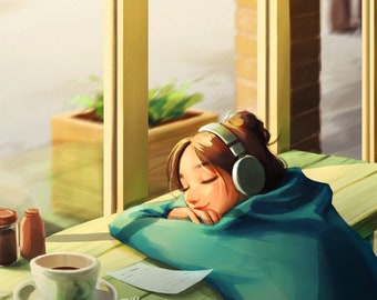 Cozy Afternoon - Art Print - Girl Listening Music - Chilling in