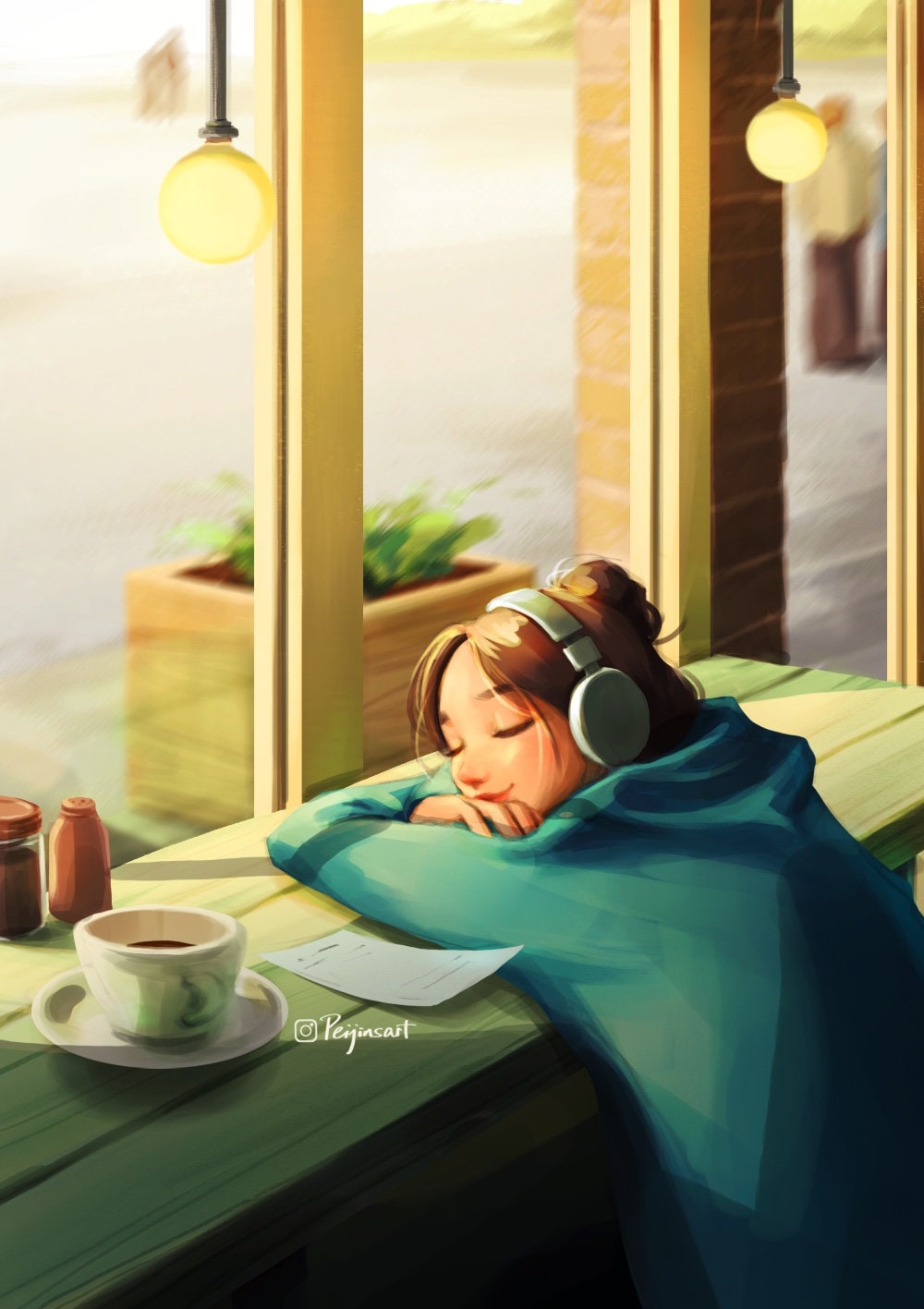 Cozy Afternoon - Art Print - Girl Listening Music - Chilling in