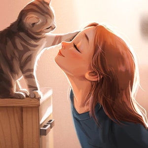 Cariño - Lámina artística - Gato lindo - Amante de los gatos - Chica linda - Arte de mascotas - Peijin