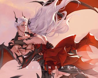 May include: Digital art illustration of two figures embracing, with a fantasy theme. One figure has white hair and is wearing black armor with red accents. The other figure is wearing a red dress. Both figures have black and red wings. The background is a soft pink.