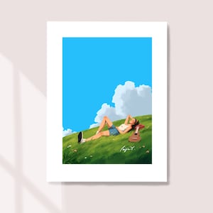 Be Alone - Art Print - Relaxing in Nature - Lying on the Grass - Guitar Player - Soothing Art - Peijin