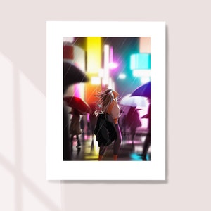 No Need for Umbrella - Art Print - Rainy Day - City View - Night In City - City Girl - City Light - Peijin