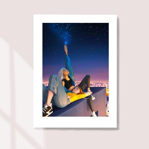 Alcanzando estrellas - Impresión de arte - Vista nocturna de la ciudad - Cielo estrellado - Espíritus libres - Chicas lindas - Peijin