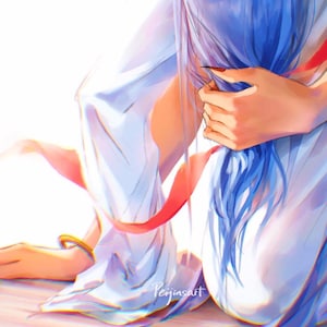 May include: A woman with long blue hair is holding a red ribbon. She is wearing a white shirt and has a gold bracelet on her wrist. The background is white.