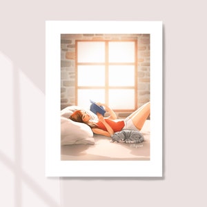 Reading In Bed - Art Print - Reading Girl - Cute Cat - Animal Art - Sun Shining - Book Worm - Peijin