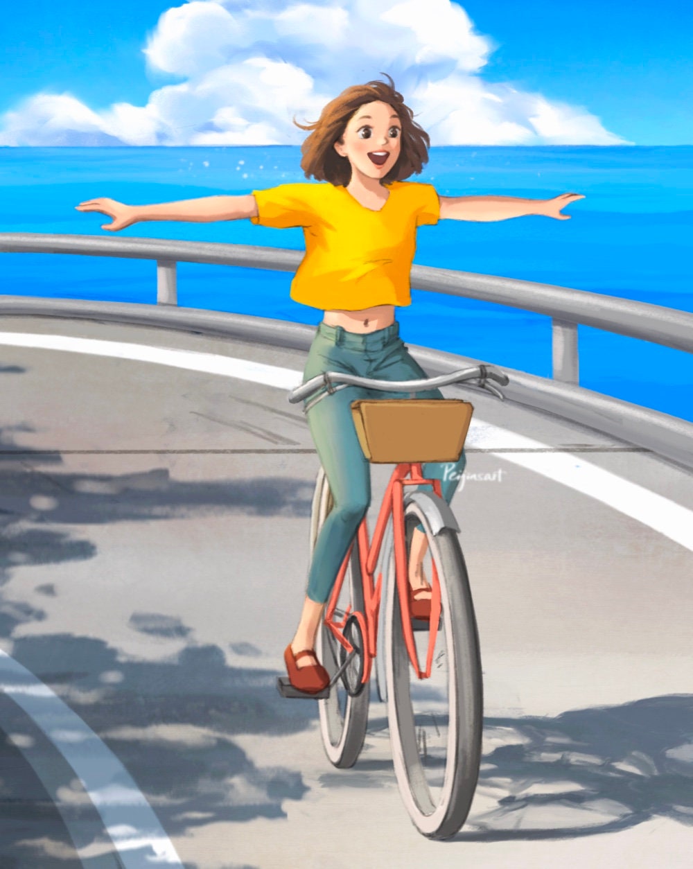 Summer Breeze Art Print Bike Tour Riding Bike Summer Art Girl Drawing by the Sea Peijin Etsy Canada