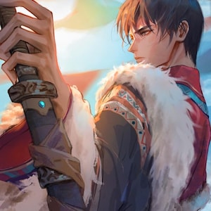May include: Digital artwork of a person in traditional attire, holding a sword. The person is wearing a red and blue jacket with a white fur collar and a patterned design. The background is a blend of blue and orange.