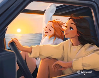 Dawn Over The Ocean - Art Print - Besties - Friendship - Drive By The Ocean - Morning Sunlight - Peijin