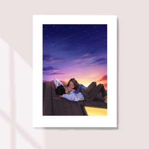 Atardecer - Impresión de arte - Arte de pareja - Ambiente romántico - Noche estrellada - Puesta de sol - Pareja linda - En el techo - Peijin