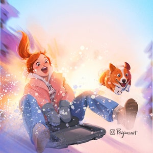Waouh ! - Impression d'art - Art hivernal - Moment de plaisir - Meilleur moment de l'hiver - Corgi - Art animalier - Jouer à la luge - Peijjin
