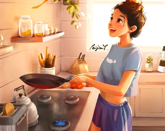 Flip It Over! - Art Print - Cooking Scene - In The Kitchen - Breakfast Time - Good Morning - Peijin