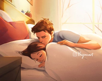 Winter Morning - Art Print - Couple Art - Kiss Good Morning - Cozy Home - Lovely Couple - Peijin