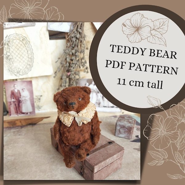 Digital PDF Teddy bear pattern (11 cm tall) + Bear Collar Patterns, Teddy Bear Stuffed Sewing PDF Pattern Download, OOAK Toy Tutorial pdf