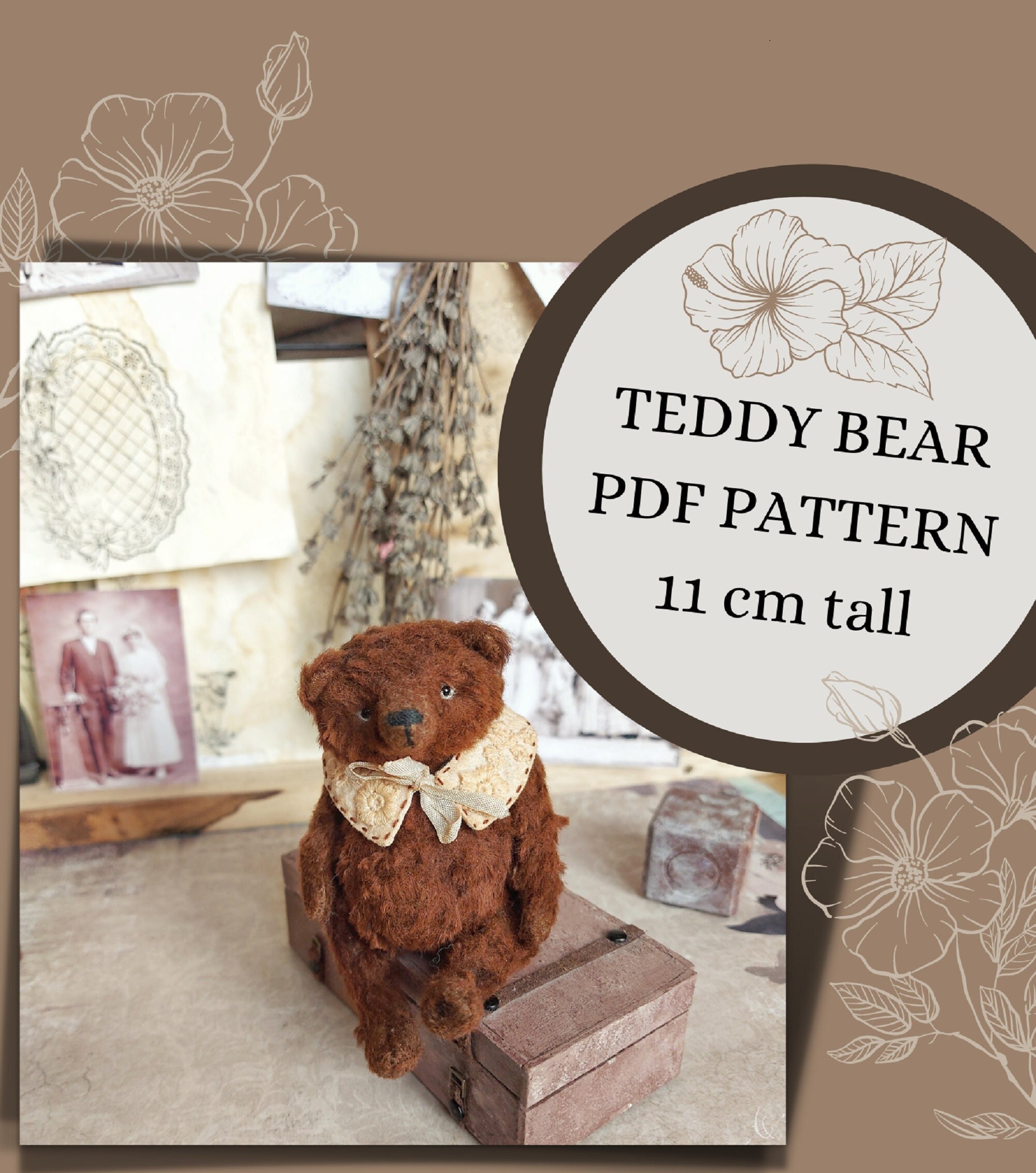 Digital PDF Teddy bear pattern (11 cm tall) + Bear Collar Patterns, Teddy Bear Stuffed Sewing PDF Pattern Download, OOAK Toy Tutorial pdf