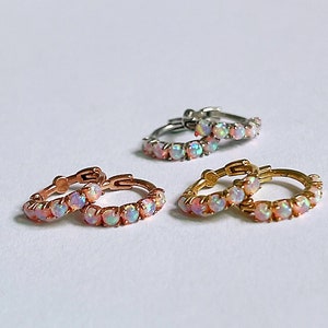 Opal Huggie Hoops | 925 Sterling Silver | Dainty Pink Opal Earrings