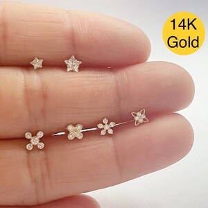 Piercing de cartilagem com parafuso de estrela CZ em ouro 14k, flor, floco de neve, piercing minúsculo, delicado, hélice, rook, daith, tragus, concha, cartilagem