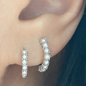 Pearl Huggie Earrings | 6.5mm 9mm Pair Dainty Faux Pearl Huggie Hoops