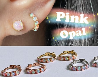 Opal Huggie Hoops | 925 Sterling Silver | Dainty Pink Opal Earrings