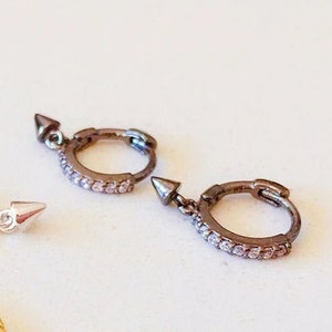 Black Spike Dangle Earrings CZ Diamond Pave 925 Huggie Spikey Hoops