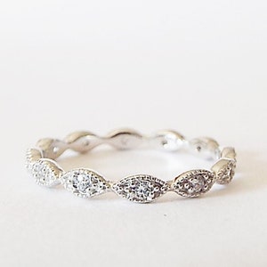 White Gold Art Deco Milgrain Vintage style 925 Sterling Silver Rhodium Plated Wedding Eternity Band