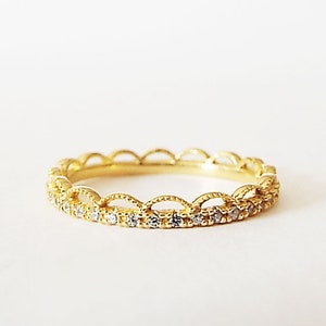 Gold Lace Full Eternity CZ 925 Sterling Silver Gold Scallop Stacking Crown Ring