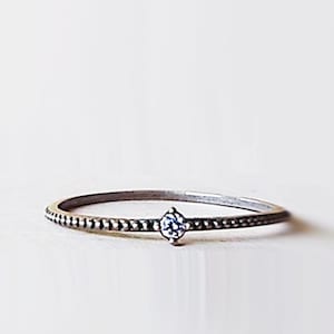 Thin Bead Ring Sterling Silver Oxidized CZ Diamond Solitaire Promise Ring