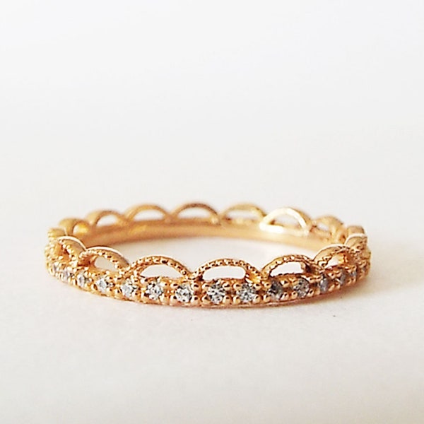 Rose Gold Diamond Scallop Lace Sterling Silver CZ Crown Eternity Stacking Band