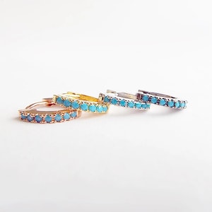 Turquoise Thin Pave Huggies Gemstone  CZ Hoop Earrings Rainbow Tiny Hoops