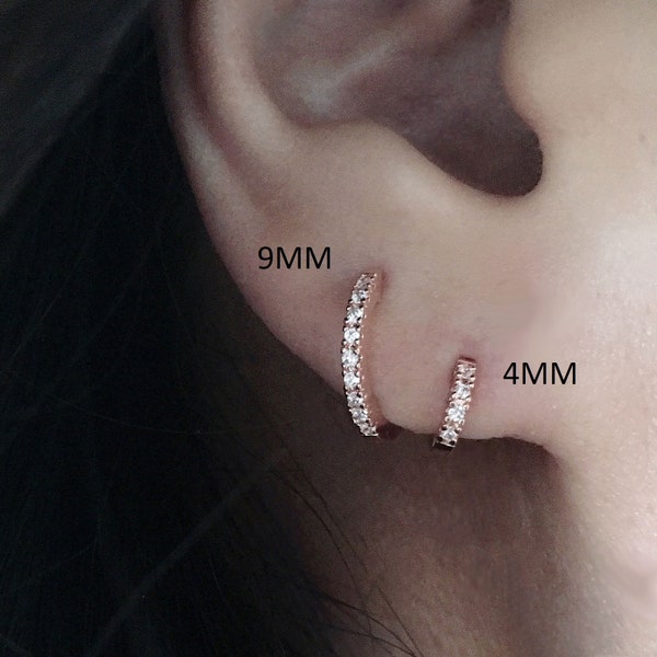 Small Huggie Hoop Earrings | 4 sizes | Sterling Silver | Diamond CZ Rose Gold Color Tiny Pave Huggie Earrings | Single Cartilage | Helix