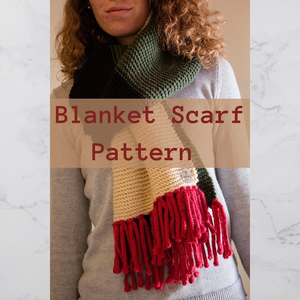 Knitting Pattern Blanket Scarf and Wrap // Garter Stitch Knit Scarf Pattern // Chunky Knitted Scarf Pattern // Tassel Scarf