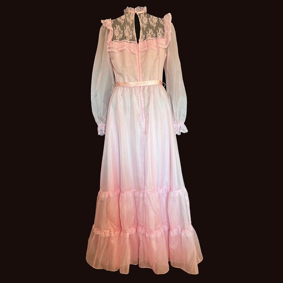 80s Vtg Prom Dress Sz XS Pink Swiss Dot Lace Ruff… - image 4