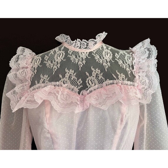 80s Vtg Prom Dress Sz XS Pink Swiss Dot Lace Ruff… - image 2