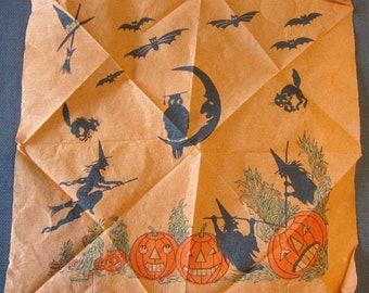 Bomboniere per feste di Halloween vintage del 1939, set da 3 pezzi, 2 tovaglioli 14x14, sagomati, luna, strega, gatti, pipistrelli, zucche, candele