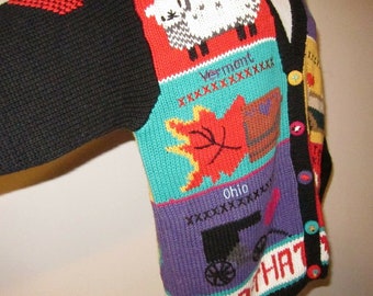 BellePointe State Sampler Cardigan Maglia Taglia Media Oversize Wy Ga Oh Tx Vt Mich Cali Maine Ill KY Massa Hawaii