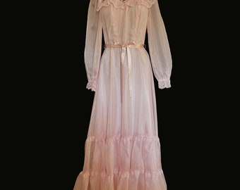 80s Vtg Prom Dress Sz XS Rosa Swiss Dot Lace Increspature Tier Edwardian Sheer Bodice Gunne Sax Styling