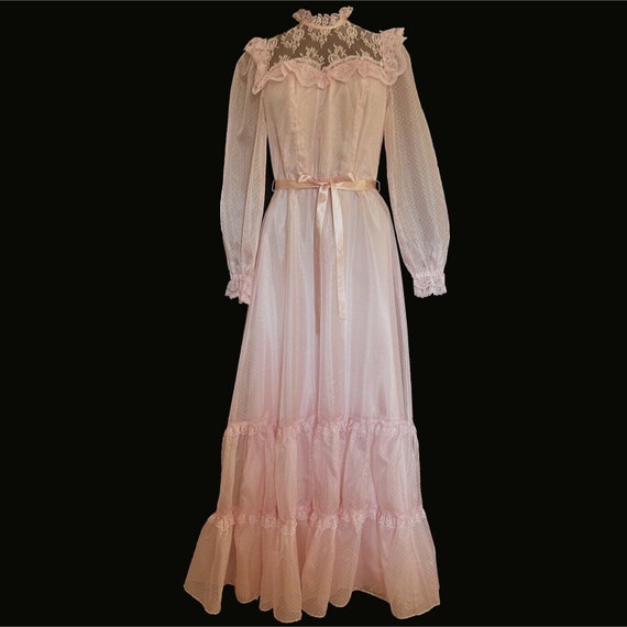 80s Vtg Prom Dress Sz XS Pink Swiss Dot Lace Ruff… - image 1