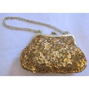 ヴィンテージ Walborg イブニングバッグ ハンドメイド ゴールドビーズ スパンコール カクテルチェーン 財布 香港 5x7 インチ