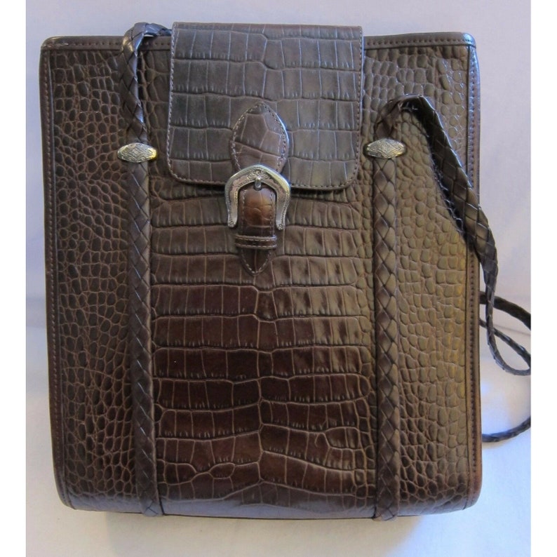 1990 Vtg Brighton Donna Classic Tote Chocolate Croco Leather Shoulder Bag Purse immagine 5