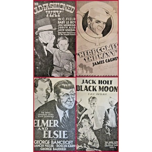 Peut inclure: Un collage de quatre affiches de films vintage. L'affiche en haut à gauche est pour "The Old Fashioned Way" avec W.C. Field, Baby Le Roy, Joe Morrisey, Judith Allen et Jack Mulhall. L'affiche en haut à droite est pour "Here Comes the Navy" avec James Cagney. L'affiche en bas à gauche est pour "Elmer and Elsie" avec George Bancroft, Lances Fuller, Roscoe Karn et George Barbier. L'affiche en bas à droite est pour "Black Moon" avec Jack Holt et Fay Wray.