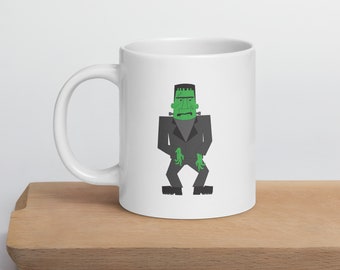 Klassieke stijl Frankenstein grafische mok - unieke retro Halloween koffiemok - ideaal cadeau voor klassieke horror- en monsterfans | Witte glanzende mok