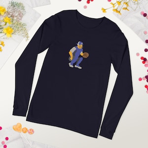 Baseball Catcher Graphic Long Sleeve Tee: Retro Sports Design