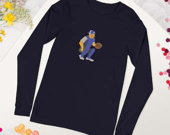 Baseball Catcher Graphic Long Sleeve Tee: Retro Sports Design