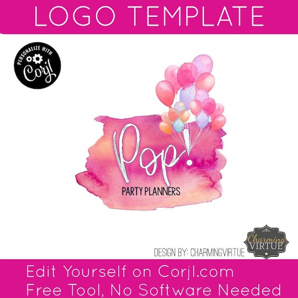 Ballon Pop! Polka Dot LOGO TEMPLATE über Corjl App Instant Edit Design Party Planner Shop Event Marketing Paket Business Werbung