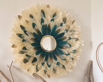 JUJUHAT “LE MAYA” – cream, blue and gold feather wall decoration, with Moroccan brass mirror